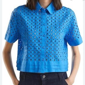 BENETTON CAMICIA Blouse. Cobalt Blue,Button-Front Eyelet,100% Cotton. Iconic.(S)